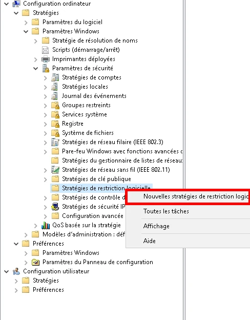 Ajouter une nouvelle Stratégie de restriction logicielle depuis la console Éditeur de gestion des stratégies de groupe