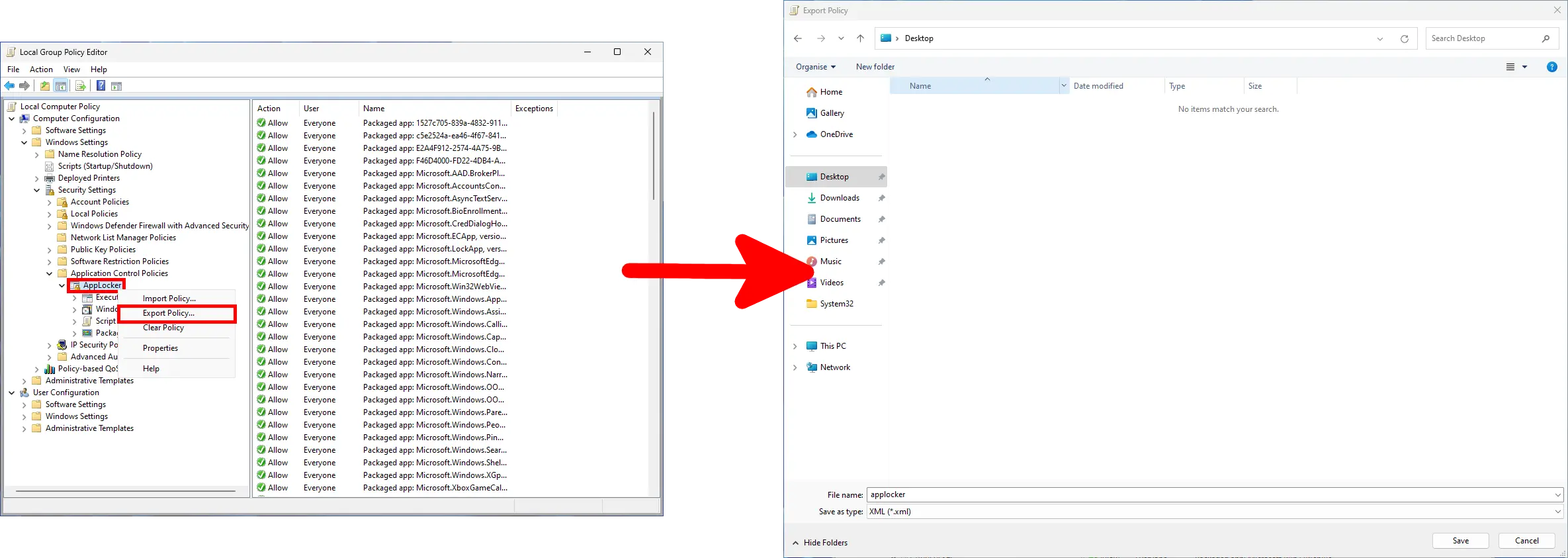Capture d'écran montrant l'Éditeur de stratégie de groupe local avec les paramètres AppLocker sélectionnés et l'option de menu contextuel 'Exporter la politique' surlignée. Une flèche pointe vers la boîte de dialogue de sauvegarde de fichier à droite de l'écran, où la politique est enregistrée sous 'applocker.xml' sur le bureau.