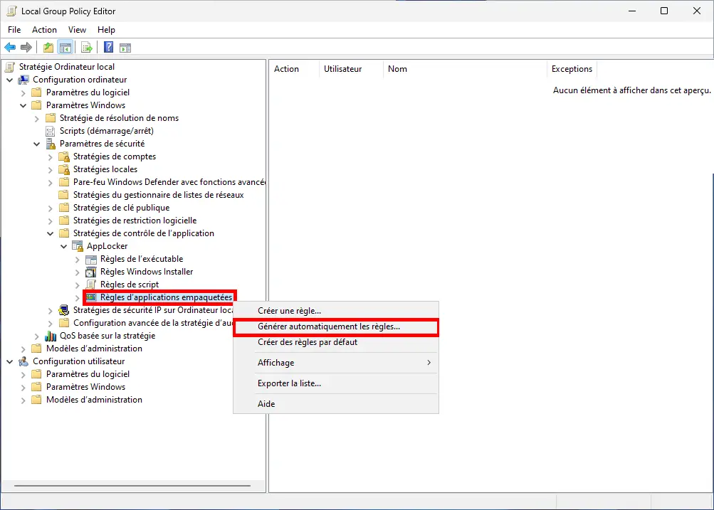 Capture d'écran de l'Éditeur de stratégie de groupe local dans Windows, montrant les paramètres AppLocker sous Configuration de l'ordinateur. Le menu contextuel pour les règles des applications empaquetées est ouvert avec des options pour Créer une nouvelle règle, Générer des règles automatiquement, Créer des règles par défaut, Voir, Exporter la liste et Aide.