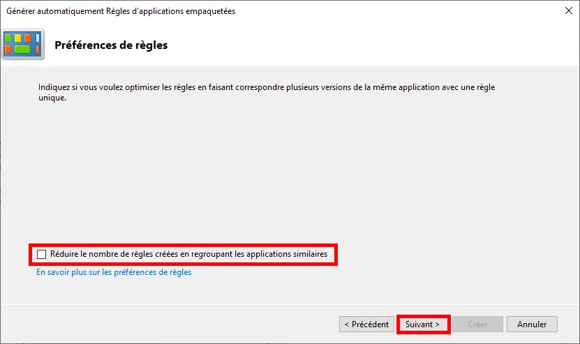 Capture d'écran de l'assistant Générer automatiquement les règles des applications empaquetées. Étape des préférences des règles.