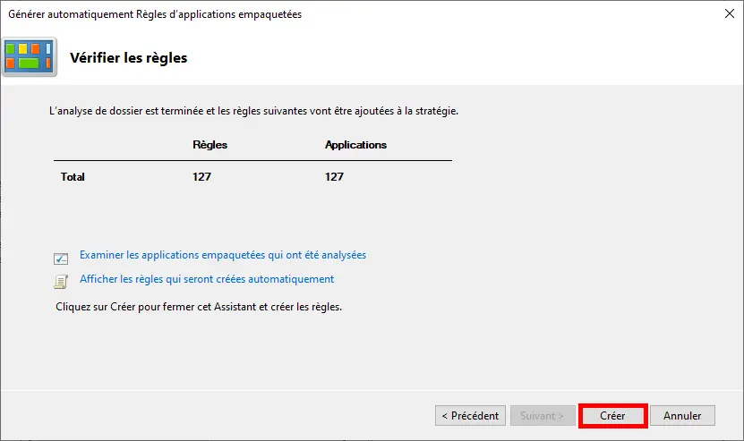 Capture d'écran de l'assistant Générer automatiquement les règles des applications empaquetées. Étape de révision des règles.