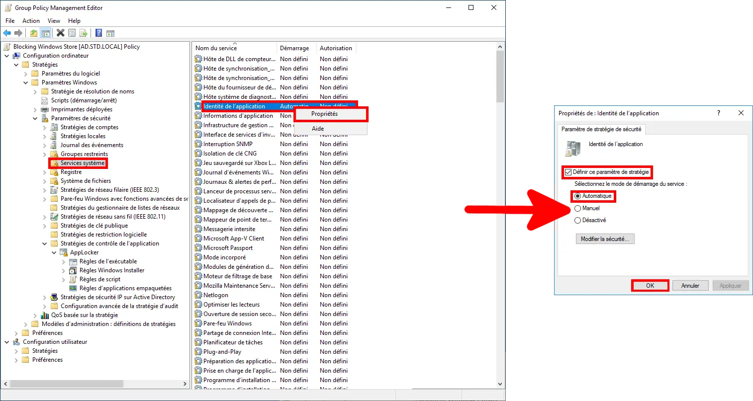 Capture d'écran montrant l'Éditeur de gestion des stratégies de groupe avec Identité de l'application sous Services système sélectionné. L'option du menu contextuel 'Propriétés' est surlignée. Une flèche pointe vers la boîte de dialogue Propriétés de l'identité de l'application, où 'Définir ce paramètre de politique' est coché et 'Automatique' est sélectionné pour le mode de démarrage du service. Le bouton OK est surligné.