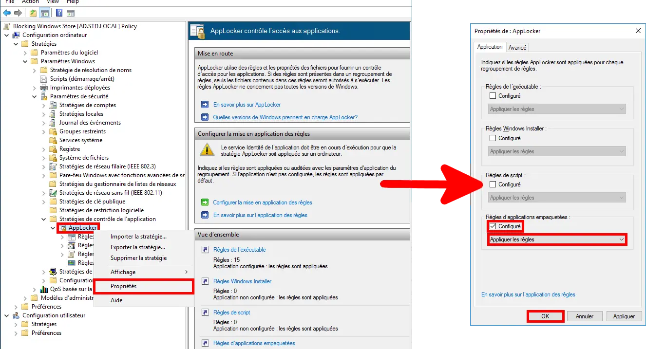 Capture d'écran montrant l'Éditeur de gestion des stratégies de groupe avec AppLocker sous Politiques de contrôle des applications sélectionné et l'option de menu contextuel 'Propriétés' surlignée. Une flèche pointe vers la boîte de dialogue Propriétés d'AppLocker où 'Configuré' est coché pour les règles des applications empaquetées et 'Appliquer les règles' est sélectionné. Le bouton OK est surligné.