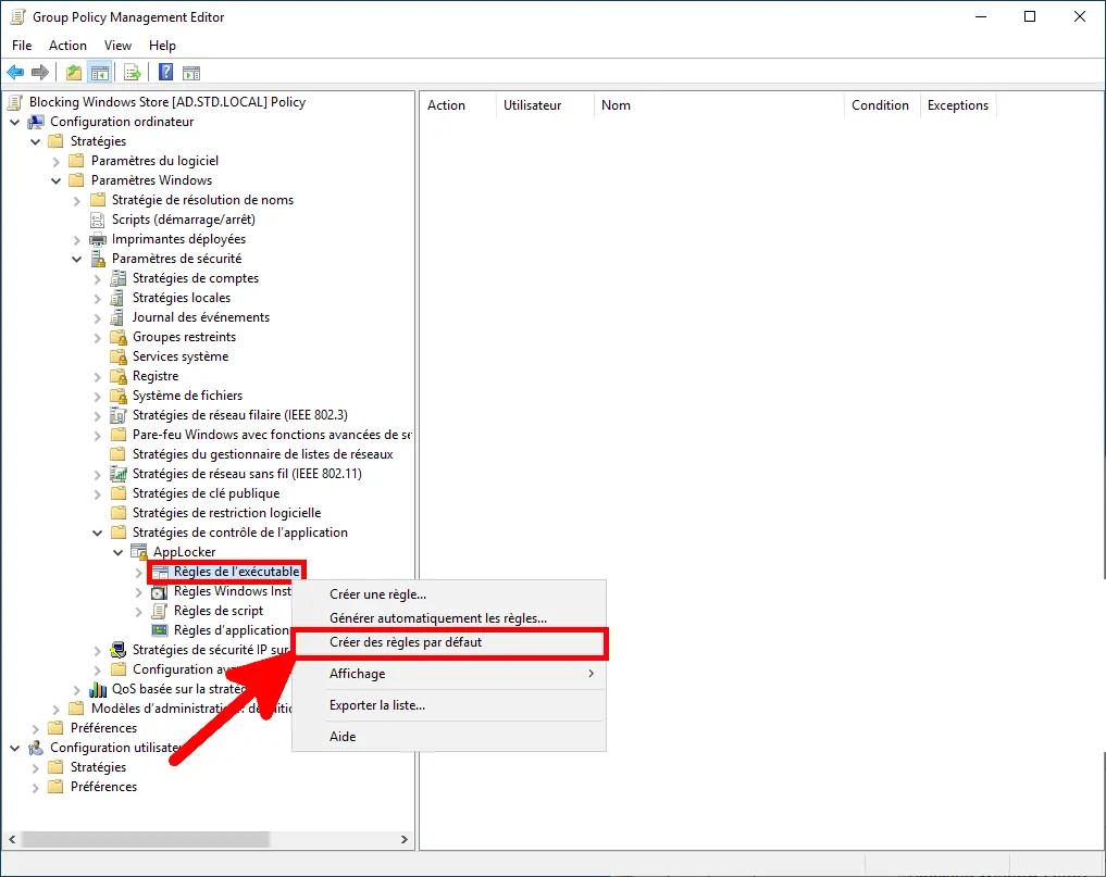 Capture d'écran montrant l'Éditeur de gestion des stratégies de groupe avec les Règles exécutables sous AppLocker sélectionnées et l'option de menu contextuel 'Créer des règles par défaut' surlignée.