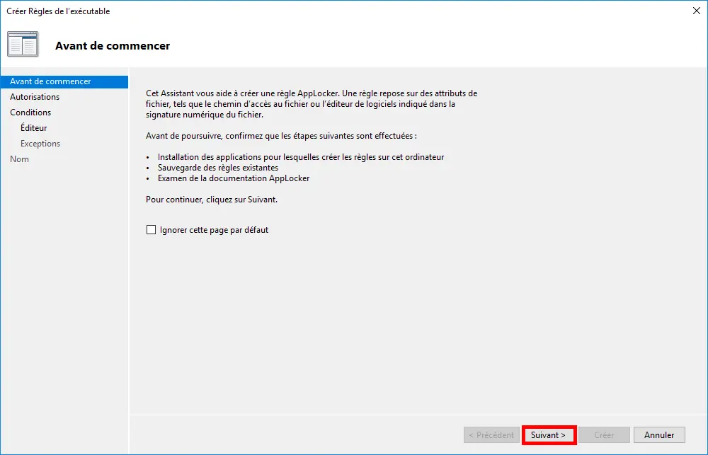 Capture d'écran de l'assistant 'Créer des règles exécutables' dans la section AppLocker de l'Éditeur de gestion des stratégies de groupe. La page 'Avant de commencer' est affichée avec des instructions pour installer des applications, sauvegarder les règles existantes et consulter la documentation AppLocker avant de continuer. Le bouton 'Suivant' est surligné.