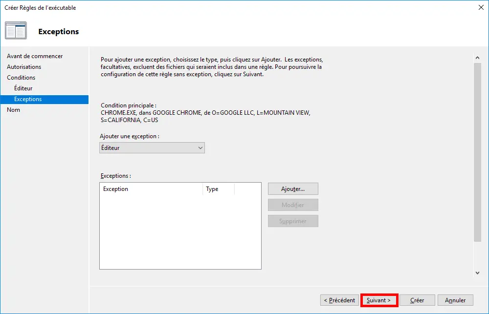 Capture d'écran de l'assistant 'Créer des règles exécutables' dans la section AppLocker de l'Éditeur de gestion des stratégies de groupe. La page 'Exceptions' est affichée sans exceptions ajoutées. La condition principale est pour 'chrome.exe' dans 'Google Chrome' de 'Google LLC'. Le bouton 'Suivant' est surligné.