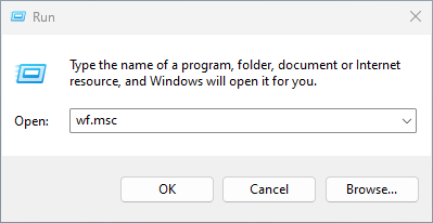 Fenêtre Exécuter de Windows avec 'wf.msc' saisi pour ouvrir l'interface du Pare-feu Windows Defender