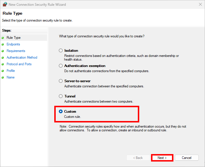 Écran de l’assistant Pare-feu Windows montrant la sélection du type de règle personnalisée pour la configuration IPsec