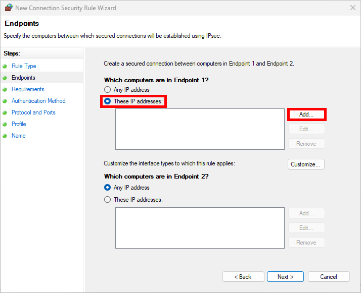 Configuration IPsec sous Windows montrant comment spécifier les adresses IP pour les connexions sécurisées des points de terminaison