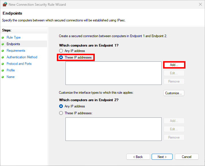 Fenêtre de l'assistant de nouvelle règle de sécurité de connexion, étape des points de terminaison