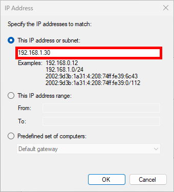 Fenêtre d'adresse IP, avec le réseau 192.168.1.30 renseigné