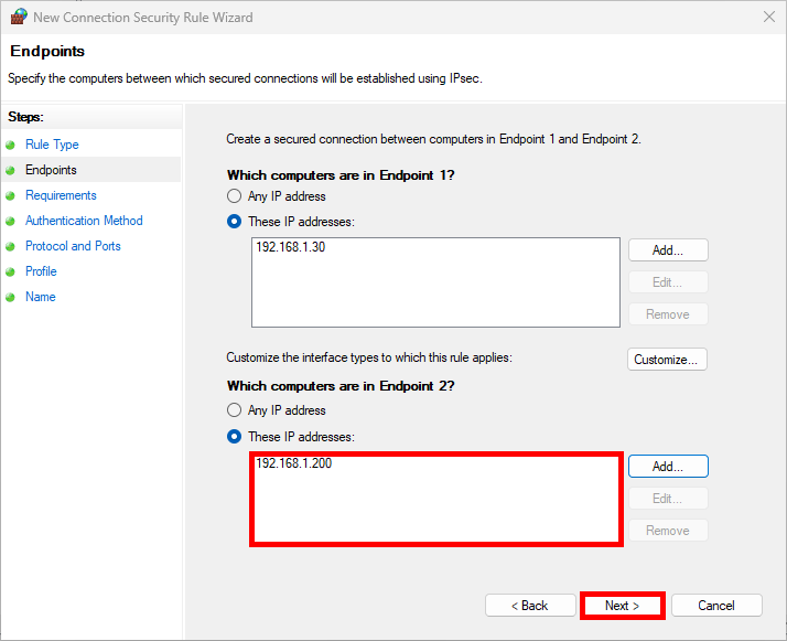 Assistant de configuration IPsec montrant les adresses IP sélectionnées pour le point de terminaison 1 et le point de terminaison 2 sous Windows