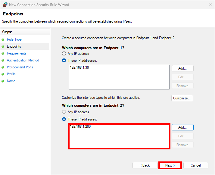 Fenêtre de l'assistant Nouvelle règle de sécurité de connexion, étape Points d'extrémité