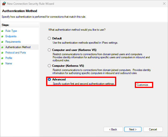 Assistant IPsec sous Windows avec la méthode d'authentification avancée sélectionnée et l'option Personnaliser mise en surbrillance