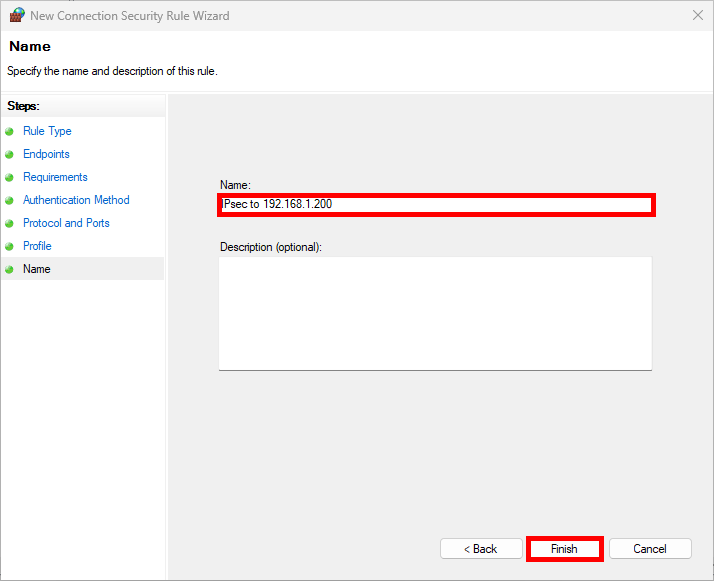 Dernière étape de la création d'une règle IPsec dans le pare-feu Windows, avec le nom de la règle « IPsec to 192.168.1.200 ».