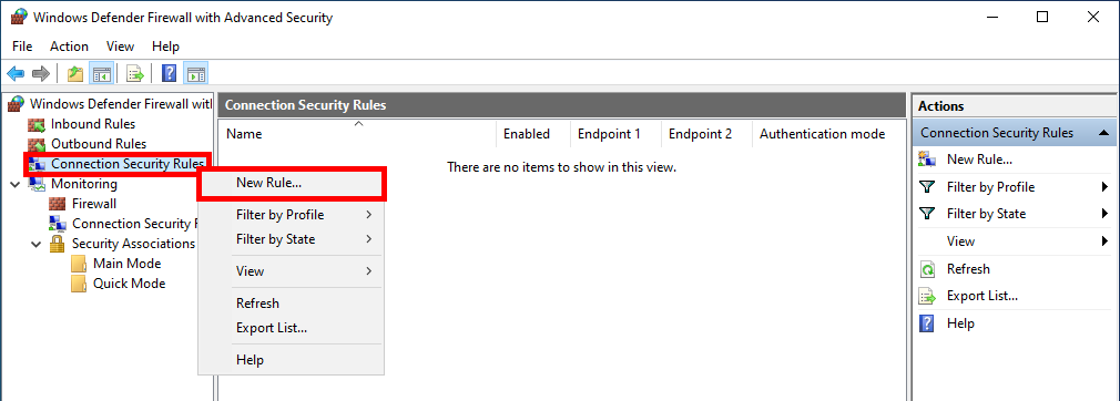 Windows Defender Firewall with Advanced Security console with the connection security rules drop-down menu