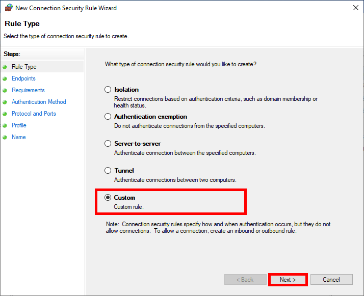 Sélection du type de règle personnalisée dans l’assistant de création de règle de sécurité du Pare-feu Windows pour la configuration IPsec