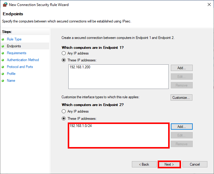 Définition des adresses IP et des plages de sous-réseau comme points de terminaison pour une règle de sécurité IPsec sous Windows