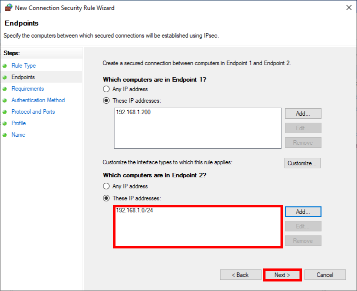 Fenêtre de l'assistant de nouvelle règle de sécurité de connexion, étape des points de terminaison