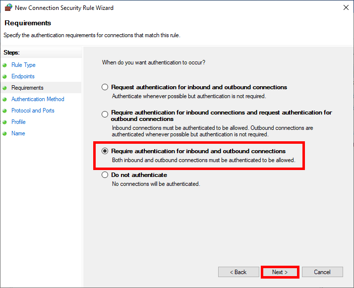 Configuration d'une règle IPsec sous Windows exigeant une authentification pour les connexions entrantes et sortantes