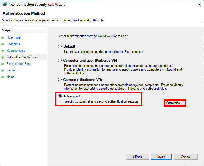 Fenêtre de configuration d'une règle IPsec affichant la sélection de la méthode d'authentification avancée sous Windows
