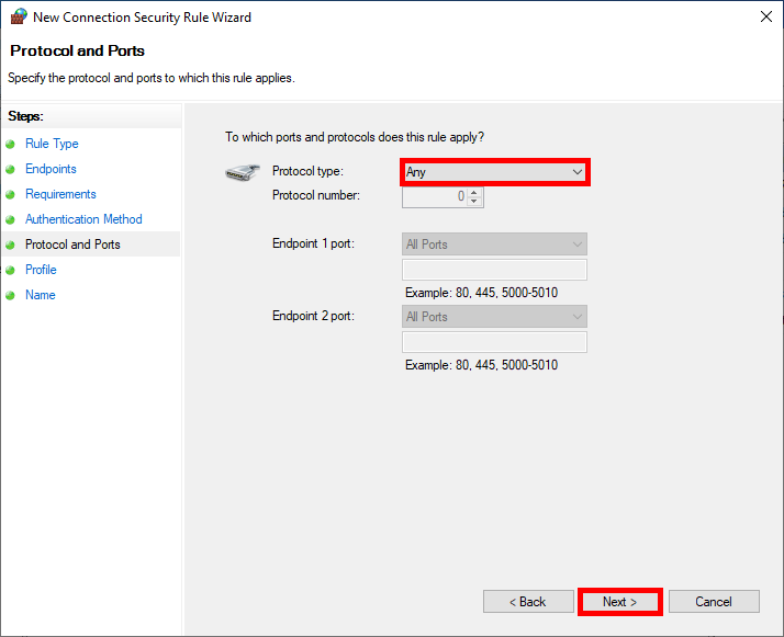 Configuration d'une règle de connexion IPsec sous Windows avec sélection du type de protocole et des plages de ports