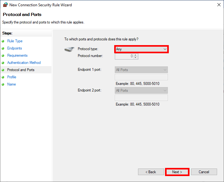 Fenêtre de l'assistant de nouvelle règle de sécurité de connexion, étape des protocoles et des ports