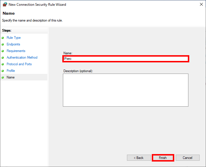 Dernière étape de la création de la règle IPsec dans le Pare-feu Windows avec le nom de la règle défini sur 'IPsec'