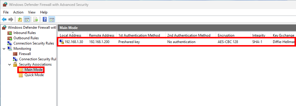 Le pare-feu Windows montre une association IPsec en mode principal avec une clé prépartagée et un cryptage AES-CBC 128 entre 192.168.1.30 et 192.168.1.200.