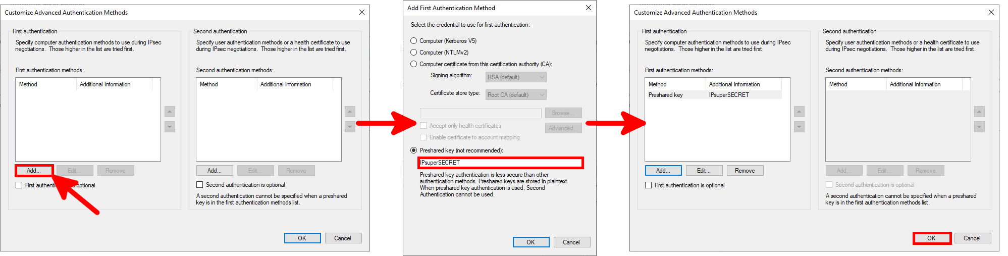Configuration avancée de l'authentification IPsec sous Windows avec une clé pré-partagée saisie comme première méthode