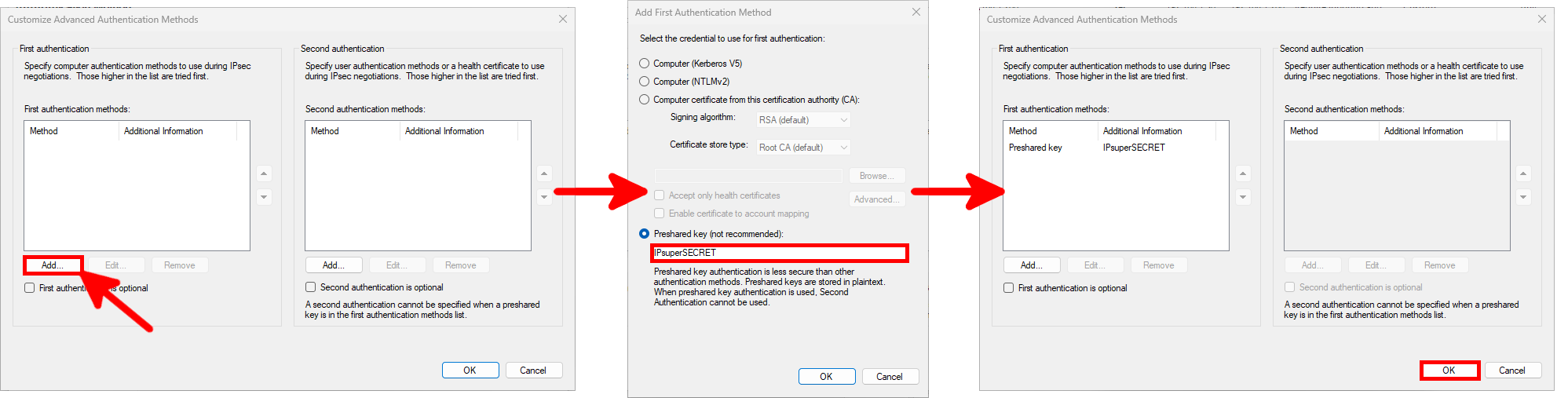 Paramètres d'authentification avancée IPsec sous Windows avec configuration et confirmation de la clé pré-partagée (PSK)