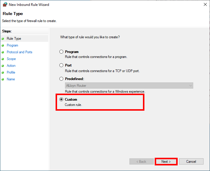 Assistant de création de règle entrante Windows affichant la sélection du type de règle personnalisée
