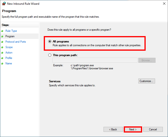 Configuration d'une règle de pare-feu sous Windows appliquée à tous les programmes du système
