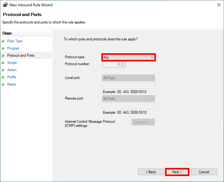 Règle de pare-feu Windows configurée pour autoriser tous les protocoles et tous les ports