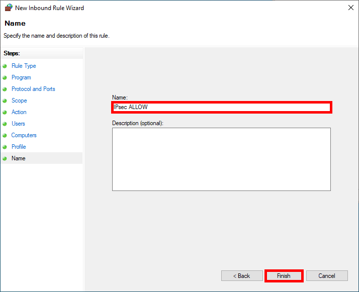 Dernière étape de l'assistant du Pare-feu Windows affichant une règle entrante IPsec nommée 'IPsec ALLOW' prête à être créée