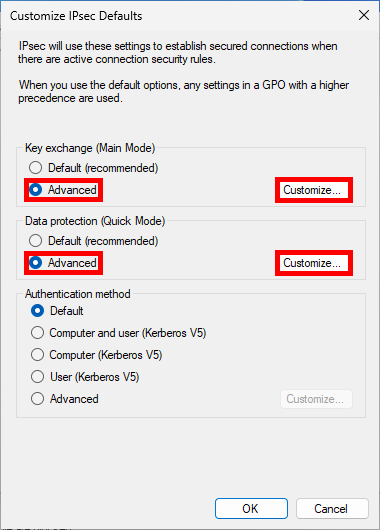 Fenêtre Personnaliser les paramètres par défaut IPsec du Windows Defender Firewall with Advanced Security