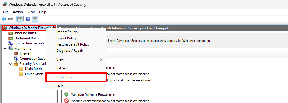 Interface du pare-feu Windows Defender montrant le menu contextuel avec l'option Propriétés sélectionnée