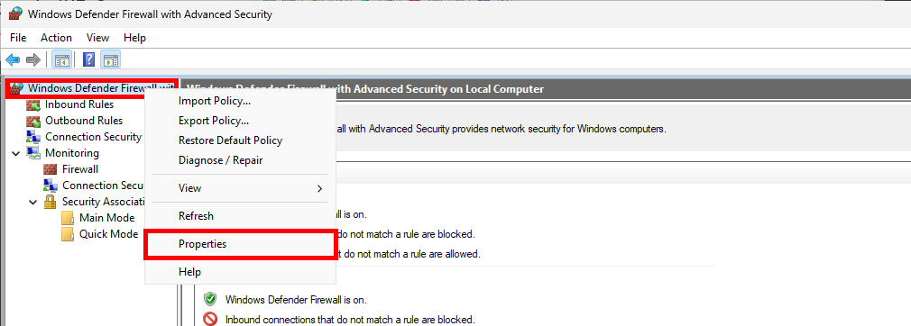 Console Windows Defender Firewall avec sécurité avancée