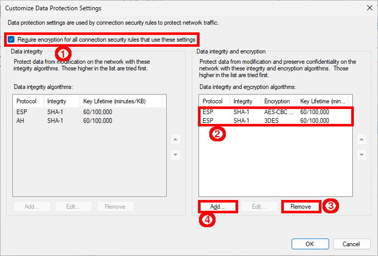 Fenêtre de personnalisation des paramètres de protection des données de Windows Defender Firewall avec sécurité avancée