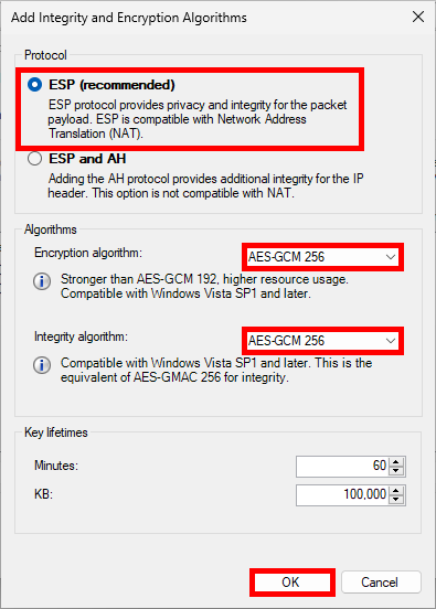 Configuration des algorithmes de cryptage et d'intégrité ESP dans Windows IPsec avec AES-GCM 256 sélectionné pour les deux paramètres