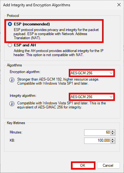 Fenêtre Ajouter des algorithmes d'intégrité et de chiffrement du Windows Defender Firewall with Advanced Security