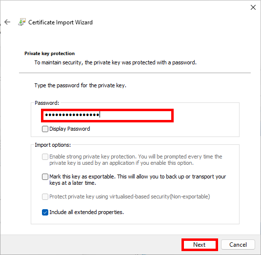 Assistant d'importation de certificat, Étape de la protection de la clé privée