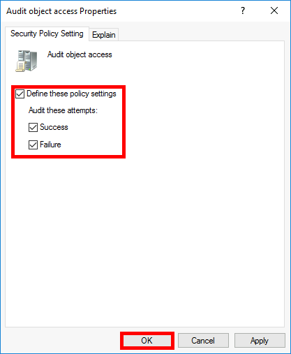 Sélection des options Réussite et Échec dans la fenêtre des propriétés d’audit de l’accès aux objets pour activer l’audit des fichiers Windows