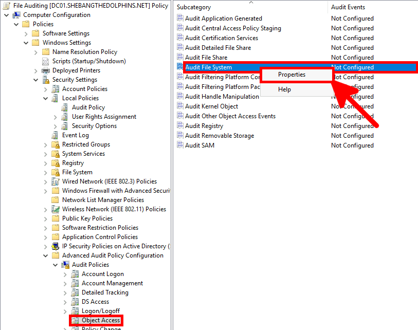 Dans la gestion des stratégies de groupe, cliquez avec le bouton droit sur Audit du système de fichiers sous Configuration avancée des stratégies d’audit pour configurer l’audit des fichiers Windows