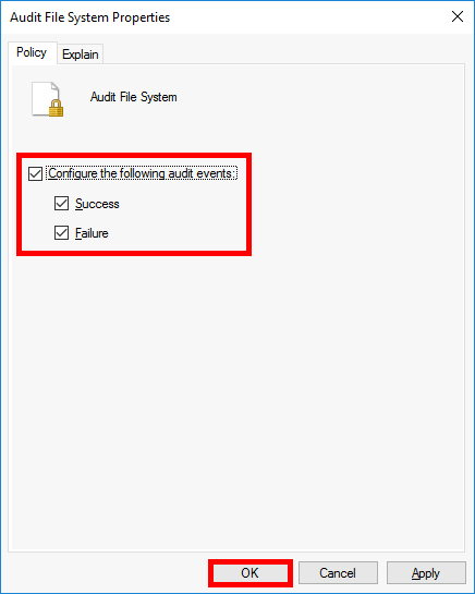 Sélectionner Réussite et Échec dans la fenêtre des propriétés d’Audit du système de fichiers pour activer l’audit des fichiers Windows