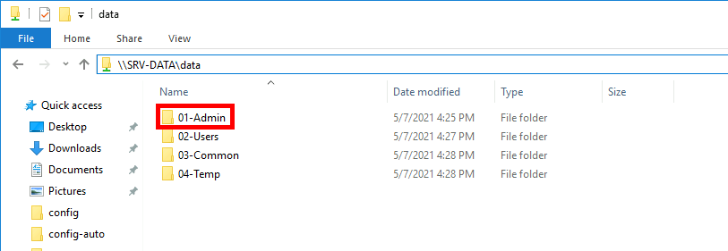 Sélection du dossier partagé 01-Admin sur le serveur de fichiers Windows SRV-DATA pour activer l’audit des fichiers