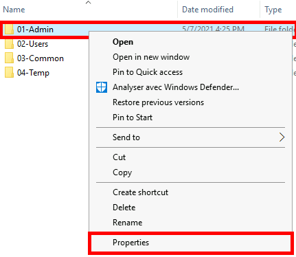 Dans l’Explorateur de fichiers Windows, faites un clic droit sur le dossier 01-Admin du serveur SRV-DATA et sélectionnez Propriétés pour activer l’audit des fichiers