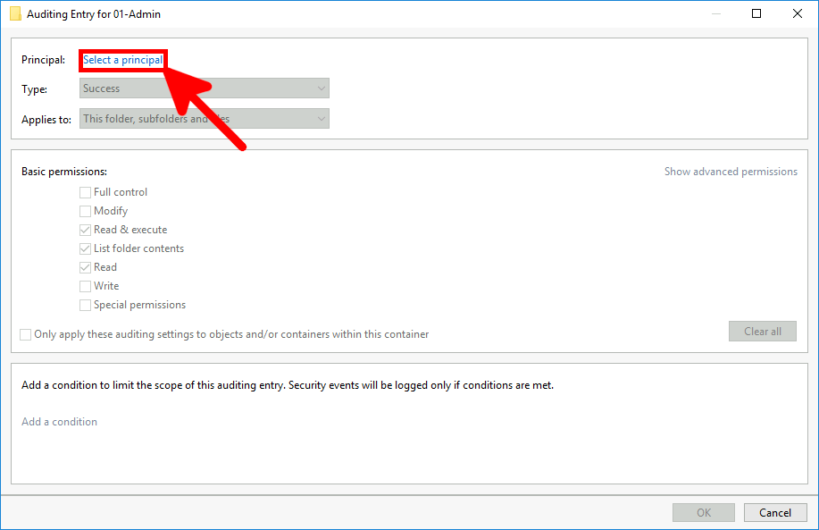 Dans la fenêtre d’entrée d’audit pour 01-Admin, cliquez sur Sélectionner un principal pour choisir l’utilisateur ou le groupe à inclure dans l’audit des fichiers Windows