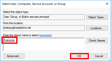 Dans la fenêtre Sélectionner un utilisateur ou un groupe, saisissez Tout le monde (Everyone) comme principal et cliquez sur OK pour inclure tous les utilisateurs dans la règle d’audit des fichiers Windows