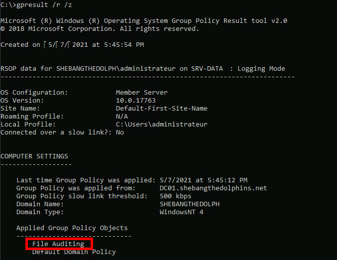 Invite de commandes affichant le résultat gpresult confirmant que la GPO d’audit des fichiers est appliquée sur le serveur de fichiers Windows